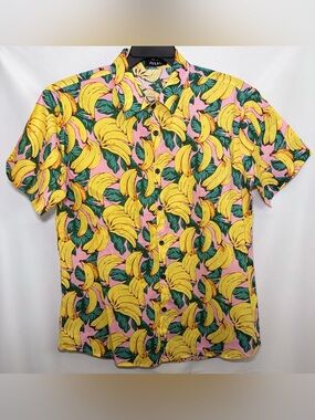 Jogal Men's Banana Hawaiian Short Sleeve Button Up Shirt Large